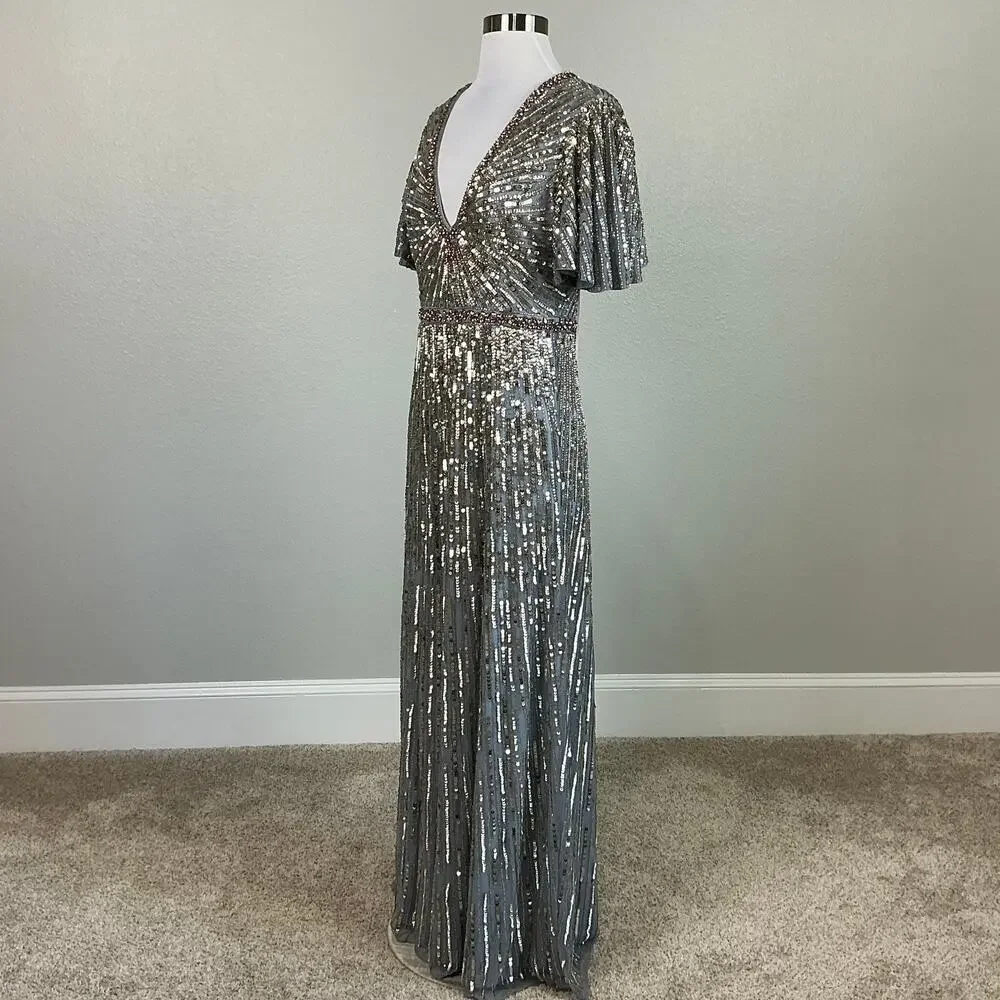 Mac Duggal 5538 Sequined Short Sleeve A-Line Evening Gown Silver Size 6 Dress - Picture 5 of 12